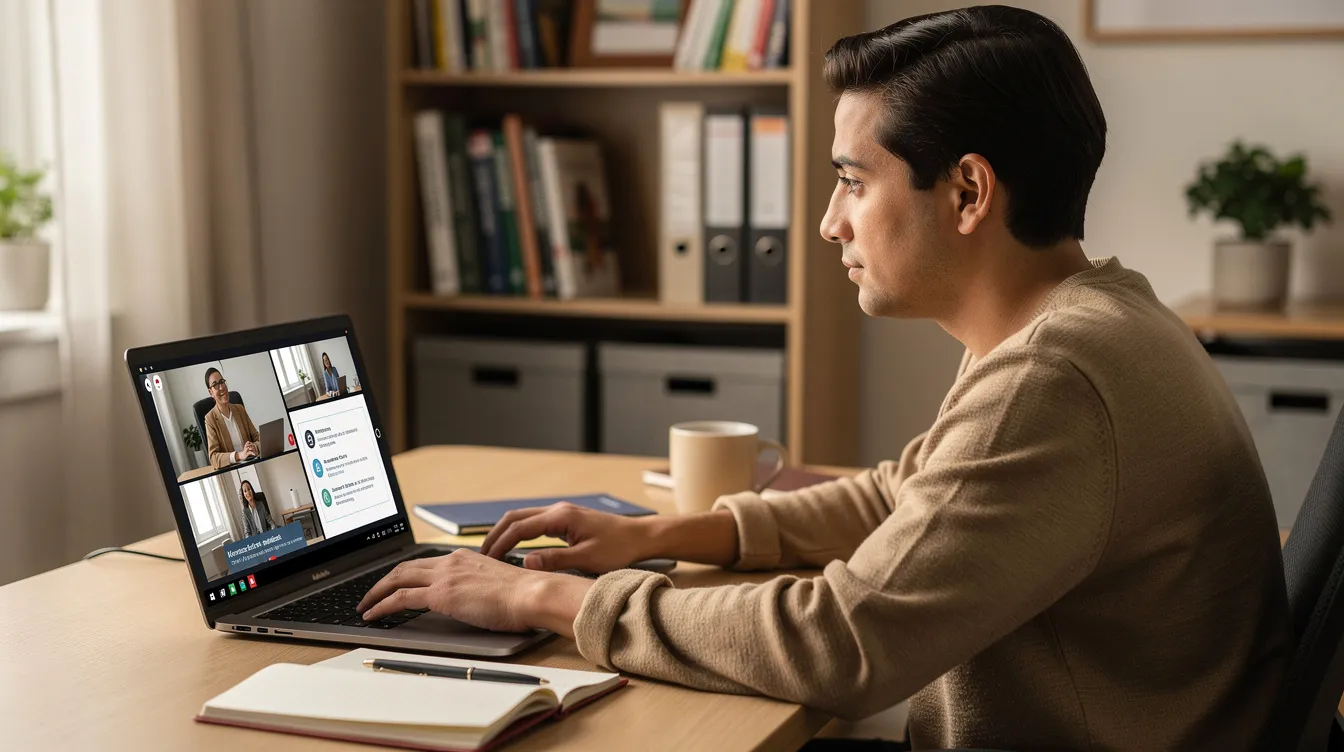 An educator is seated in a home office, intently watching a professional development video on a laptop, which could contribute to their professional growth hours needed for the California Teachers Association's university credit program. The scene reflects a commitment to ongoing education and the benefits of online learning sessions for active CTA members.