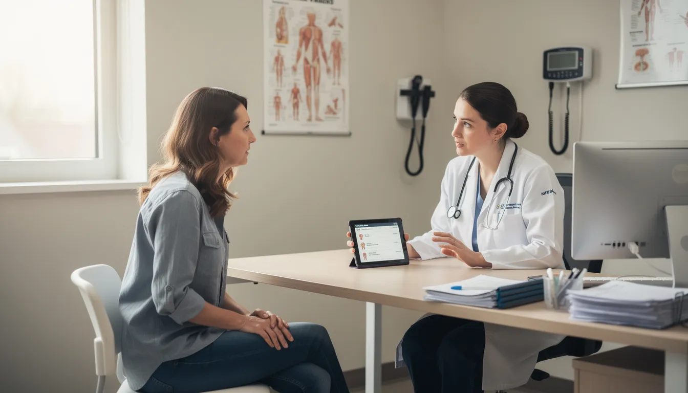 A woman is engaged in a discussion with her healthcare provider in a medical consultation room, focusing on treatment options for pelvic organ prolapse and potential complications related to surgical mesh, such as mesh erosion and urinary incontinence. The atmosphere conveys a sense of care and professionalism as they explore the patient's symptoms and treatment plans.