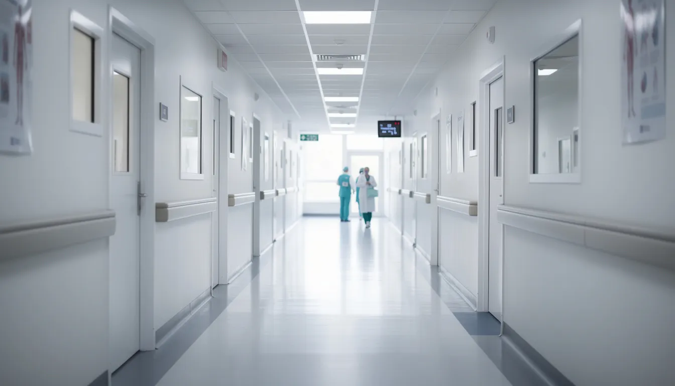 The image depicts a hospital hallway where medical staff, including doctors and nurses, are walking in the distance, highlighting the busy environment of healthcare professionals dedicated to patient care. This scene reflects the importance of proper medical treatment and the potential implications of medical negligence in a hospital setting.