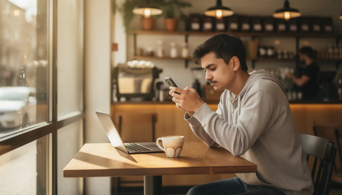 En person sitter i ett café och använder sin smartphone, förmodligen för att kolla odds hos Bethard eller spela på deras live casino. Det är en avslappnad atmosfär med andra gäster i bakgrunden.
