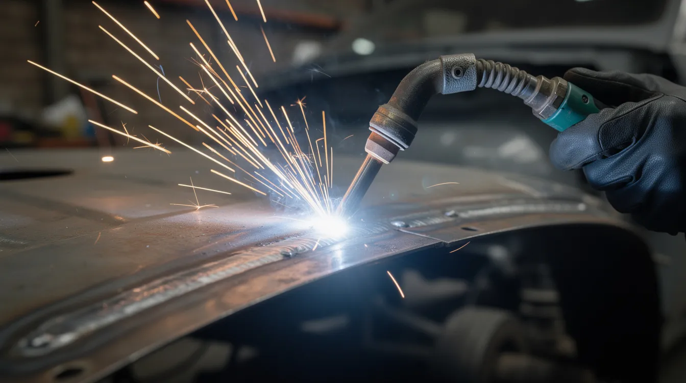 A close-up view of a MIG welder torch is shown creating a smooth bead on a thin steel car body panel in a workshop, highlighting the precision required for welding sheet metal. The image captures the glowing arc and the flux core wire melting into the bare metal, essential for auto body repair.