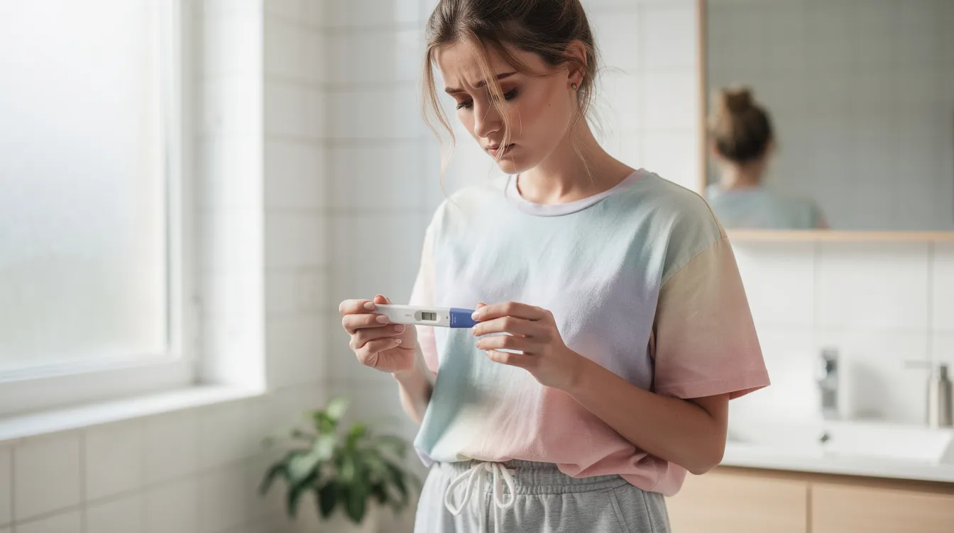 Une femme tient un test d'ovulation dans une salle de bain lumineuse, prête à vérifier ses résultats. L'image évoque le suivi de la fertilité et le désir de conception, soulignant l'importance des tests à domicile pour les femmes souhaitant devenir enceintes.