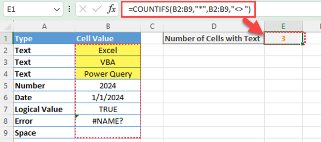Count cells that contain text values excluding cells that has only space characters