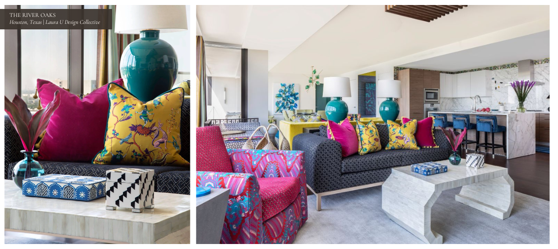 this collection of vibrant pillows completes the custom sofa