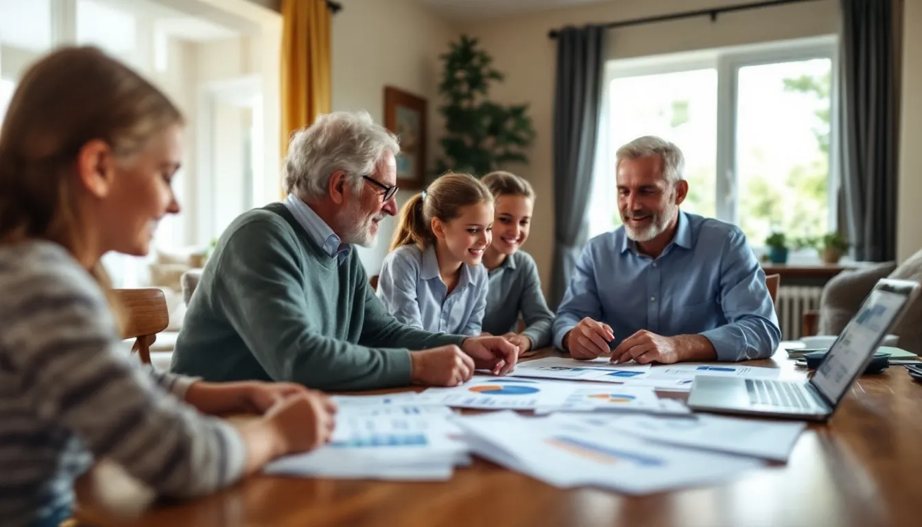 A cheerful family gathers around a table, reviewing their financial plans and discussing the importance of generational stewardship, reflecting the wisdom of God's word about managing resources. This scene emphasizes the concept of being a faithful servant and a cheerful giver, as they seek to align their financial decisions with biblical principles.