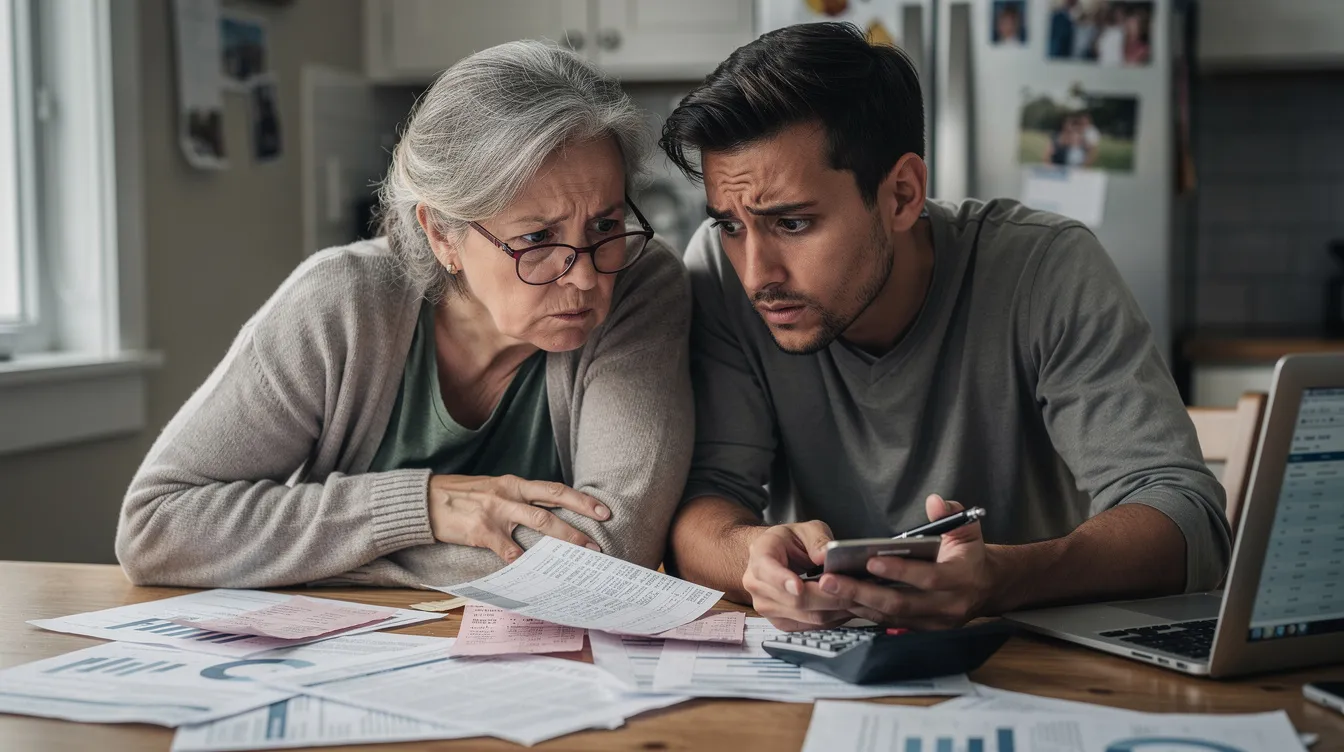 Das Bild zeigt eine ältere Person und eine jüngere Person, die gemeinsam besorgt Finanzdokumente durchsehen. Ihre Mimik deutet auf Unsicherheiten hin, möglicherweise im Zusammenhang mit dem Thema "Bürgergeld" und den Regelungen zum "Schonvermögen".