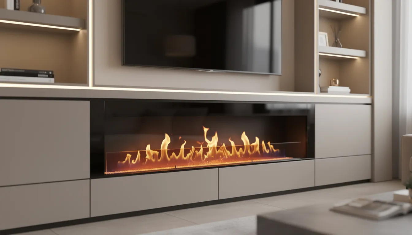 Close-up van een elektrische sfeerhaard met een realistisch vlambeeld, geïntegreerd in een moderne cinewall. De cinewall heeft strakke lijnen en een naadloze afwerking, wat bijdraagt aan een elegante uitstraling in de woonkamer.