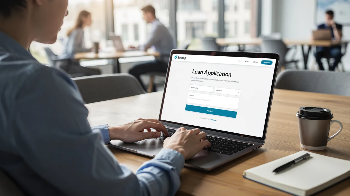 A person is seated at a modern co-working space, focused on their laptop as they complete an online loan application form. The environment is bright and contemporary, reflecting a professional atmosphere for small business financing and loan applications.