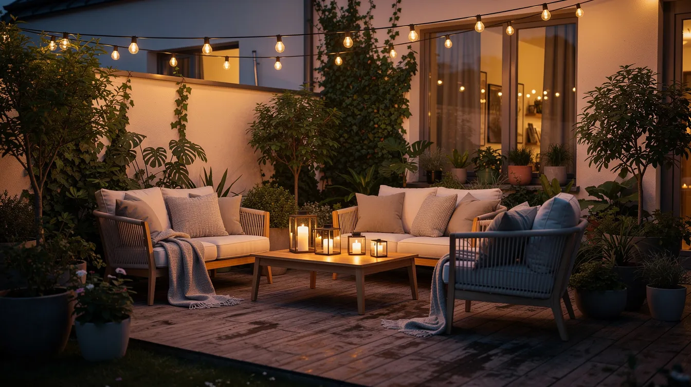 En mysig kvällsbelyst uteplats med ljusslingor som skapar en inbjudande atmosfär. Loungemöbler av konstrotting omges av gröna växter, vilket ger en perfekt plats att luta sig tillbaka och njuta av en kväll under bar himmel.