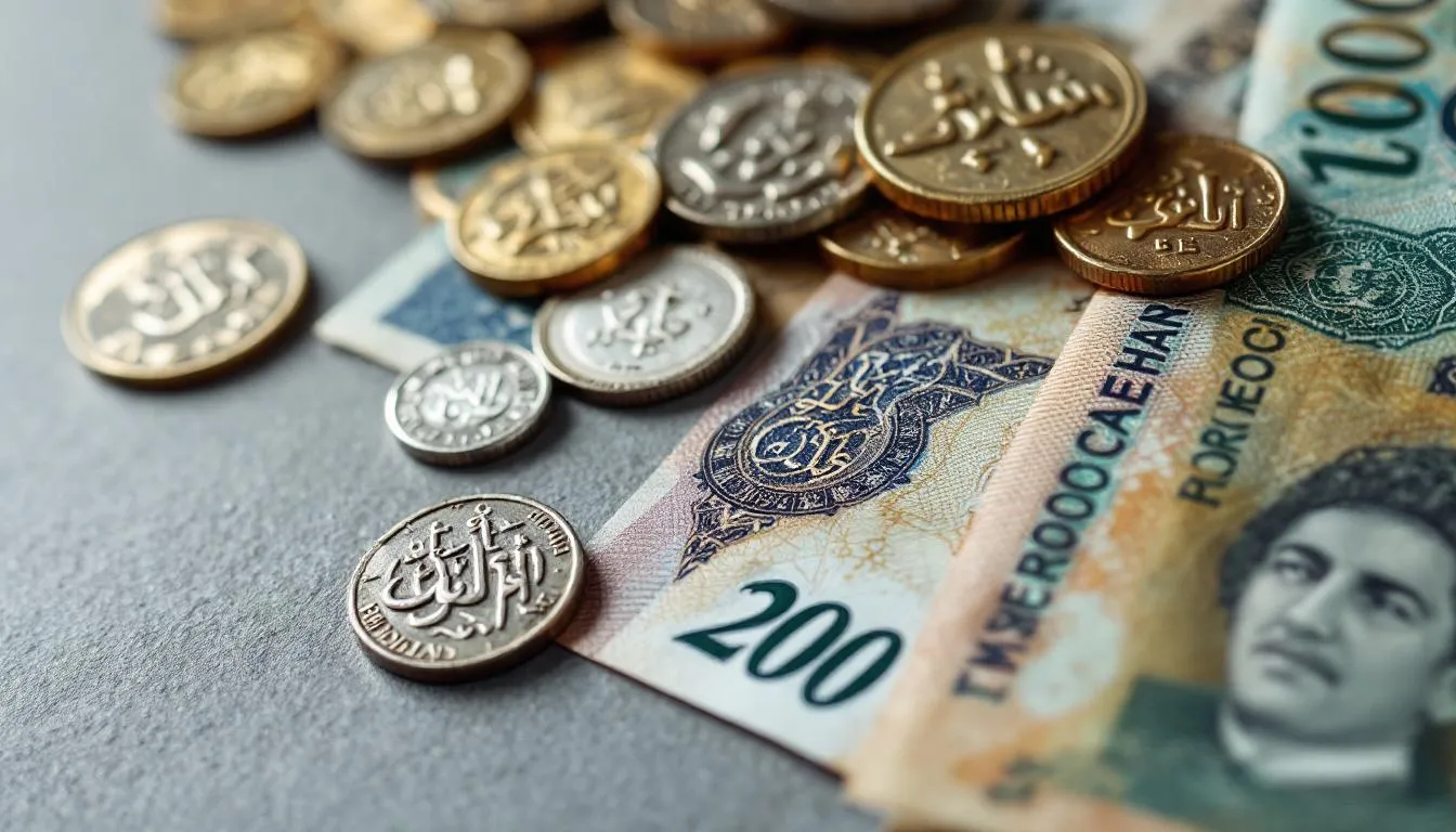 The image showcases a collection of historical Moroccan coins and banknotes, illustrating the evolution of the official currency of Morocco, from traditional coins to modern dirhams. The display highlights various denominations and designs, reflecting the rich history of Moroccan money and its transition to contemporary forms of currency.