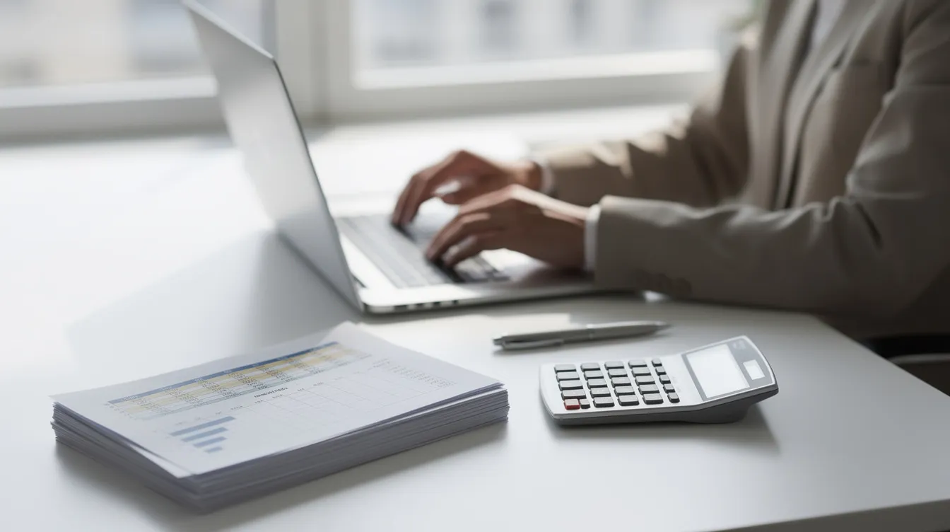 The image shows a person focused on a laptop computer at a desk cluttered with financial documents and a calculator, suggesting they are working on a loan application or analyzing financial data related to 中小企業 貸款. The setting reflects a typical workspace for managing business financing tasks.