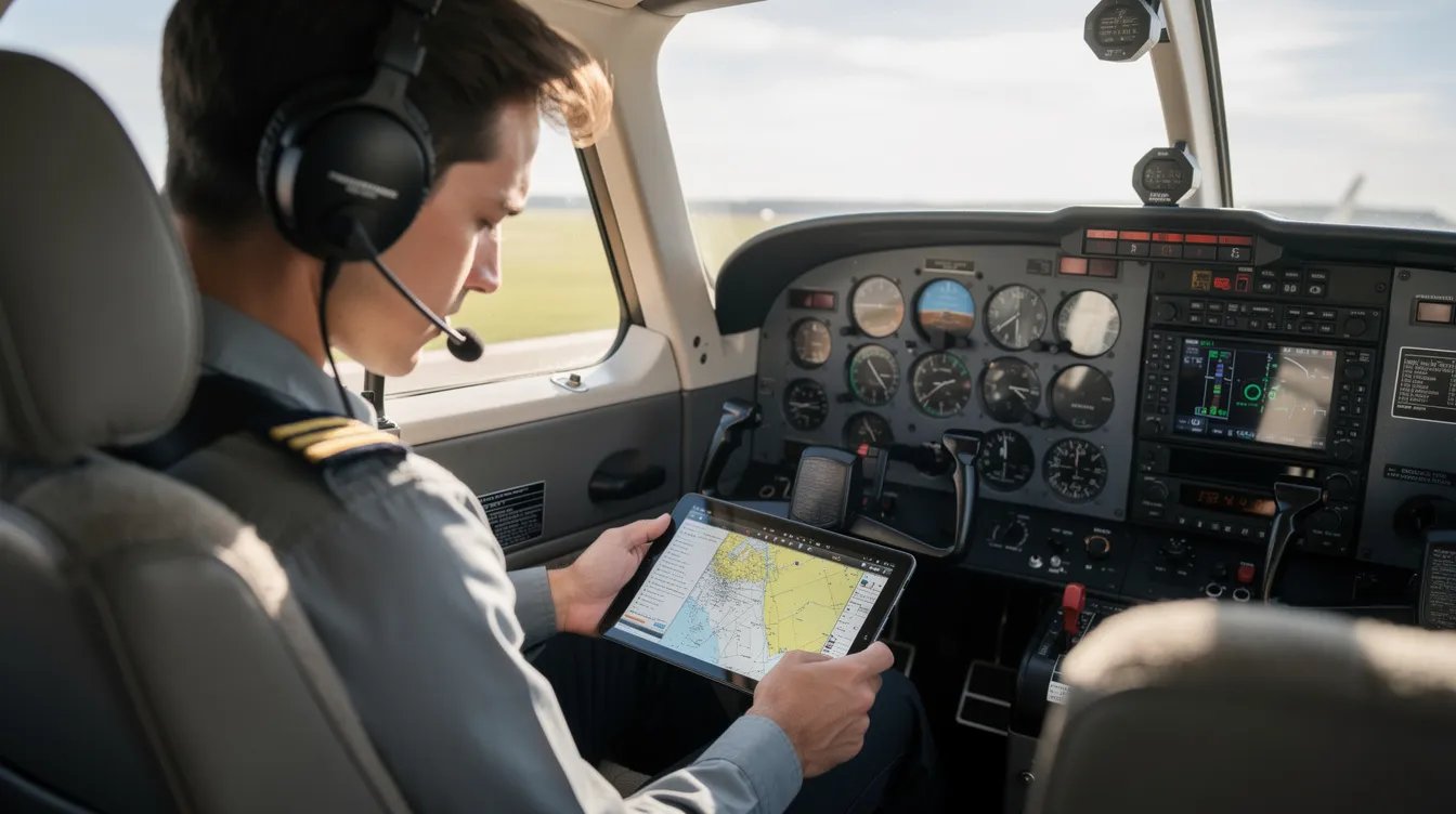 A student pilot is seated in an airplane cockpit, intently studying with a tablet device that displays FAA written test prep material. The scene highlights the combination of practical flight instruction and digital learning tools, emphasizing the importance of understanding for passing the FAA knowledge test.
