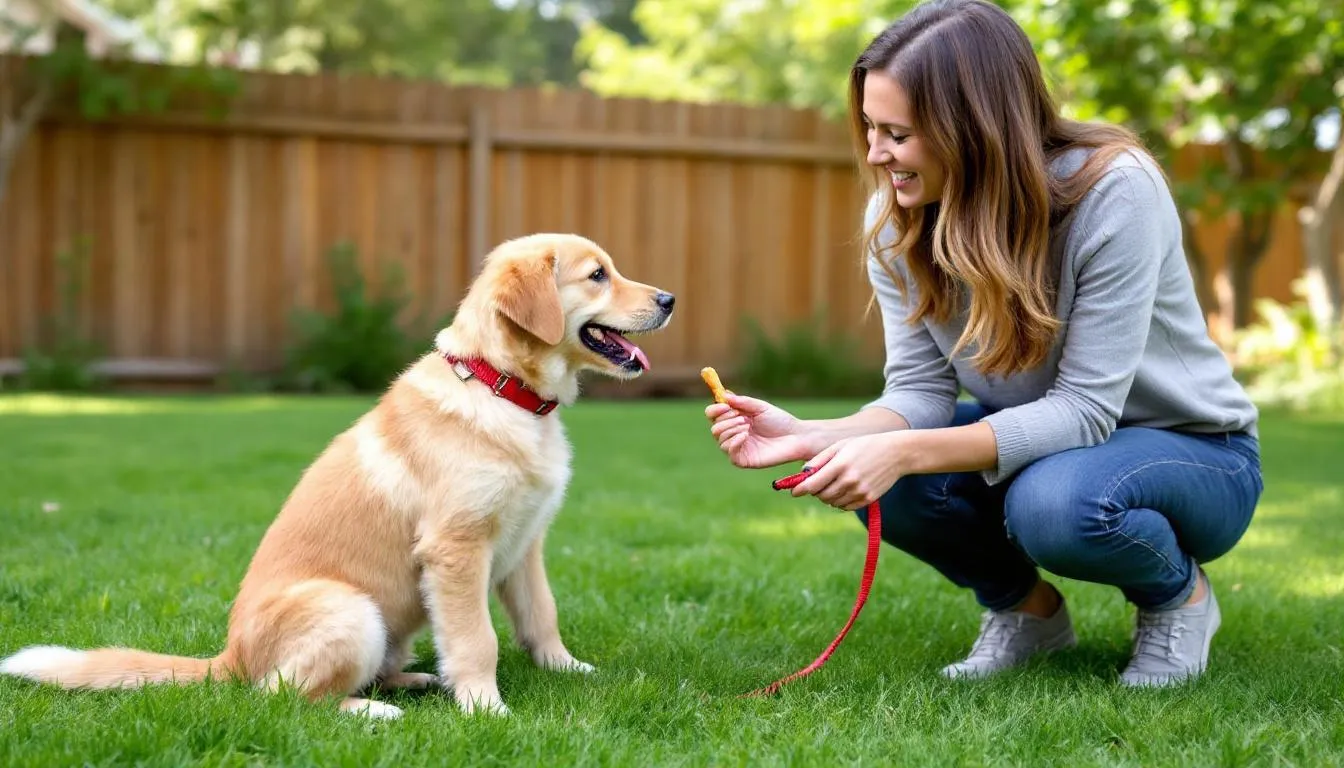 A goldendoodle puppy is engaged in a training session with its owner, who is using positive reinforcement techniques to reward good behavior. The puppy, showcasing its playful nature and floppy ears, is a mix between a golden retriever and a poodle, making it an energetic and intelligent hybrid breed.