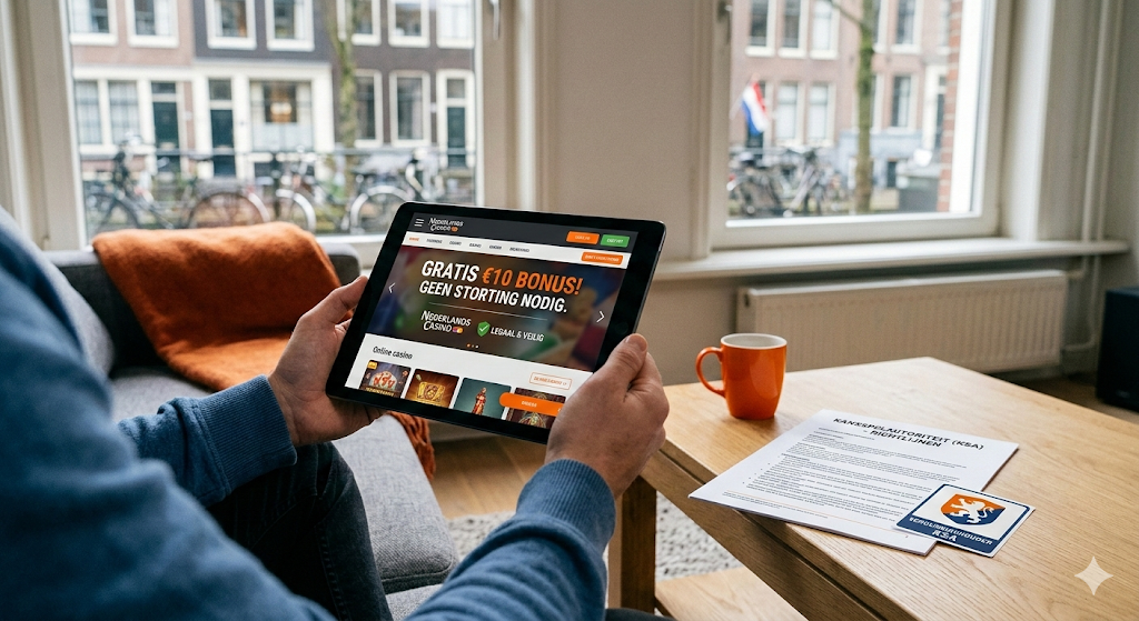 Speler bekijkt een casino welkomstbonus zonder storting op tablet bij een legaal Nederlands casino – gratis €10 bonus zonder storting, no deposit bonus casino met voorwaarden voor bonus claimen en informatie over snelle uitbetalingen.