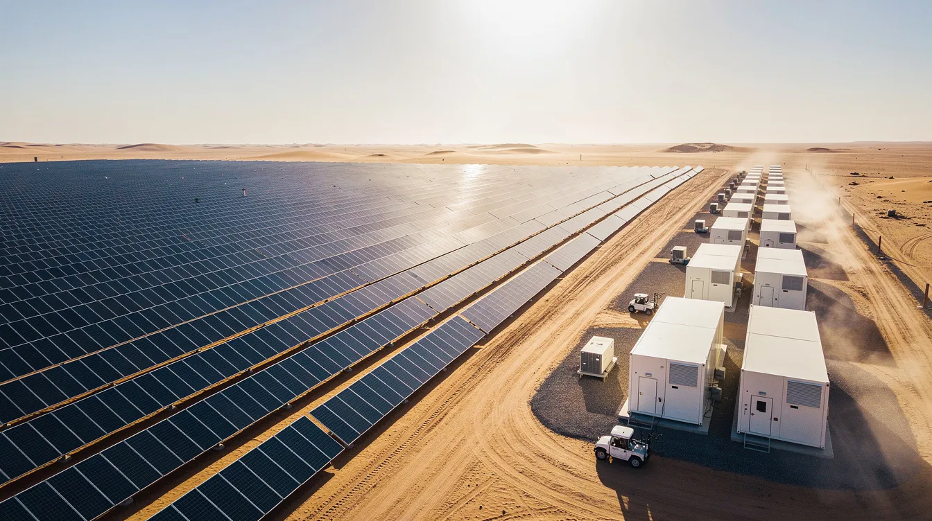 The image depicts a large-scale desert solar farm featuring rows of photovoltaic panels and white battery storage containers, all basking under a bright sun. This renewable energy project highlights the energy transition efforts within the energy sector, showcasing the integration of energy storage solutions in infrastructure development.