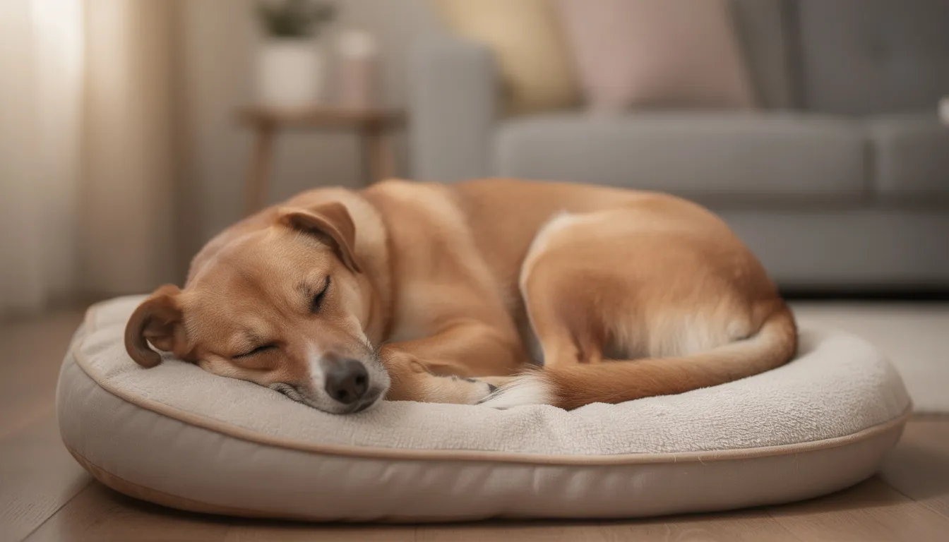 Na obrazku widać psa leżącego spokojnie na legowisku, z zamkniętymi oczami, co sugeruje, że jest zrelaksowany. Warto jednak pamiętać, że nadmierne ślinienie u psa może być sygnałem problemów zdrowotnych, takich jak choroby jamy ustnej czy infekcje.
