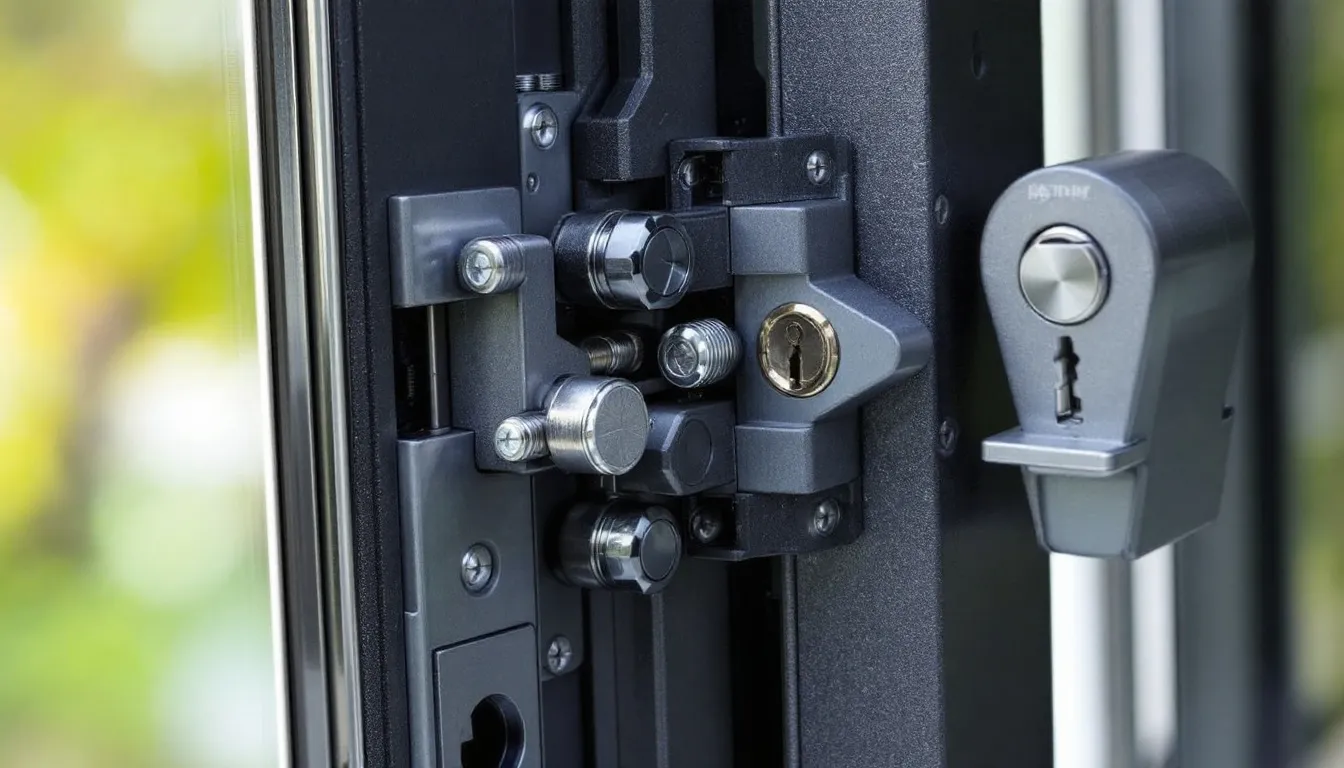 Close-up van een geavanceerde meerpuntssluiting en beveiligingsmechanismen in een kunststof kozijn, ontworpen voor optimale thermische isolatie en inbraakwerendheid. Dit systeem biedt maximale bescherming tegen ongewenste indringers en is vervaardigd uit hoogwaardige materialen, ideaal voor de Nederlandse markt.