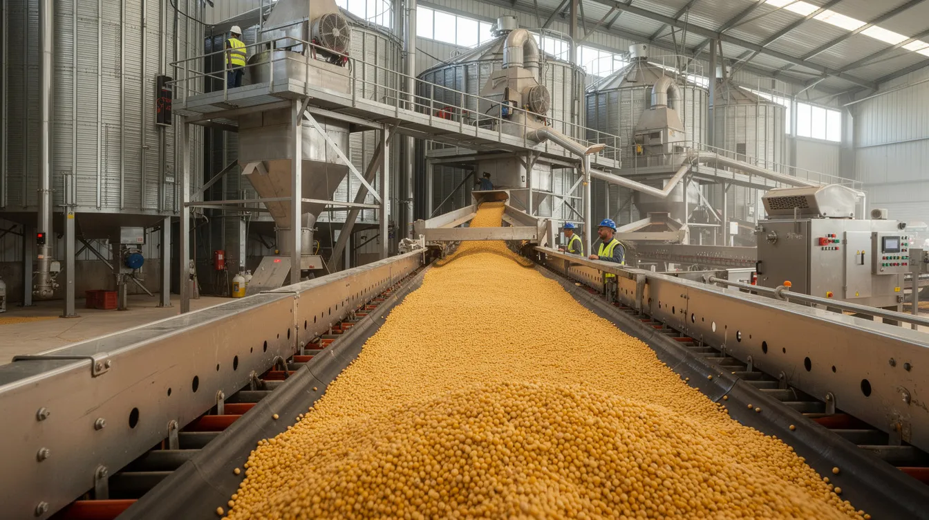 fb163797 e115 4679 a0aa 344a96ba3ef8 The image depicts an industrial soybean processing plant where large metal silos and conveyor systems are utilized for the efficient processing of soybean seeds. This facility is integral to the soybean processing industry, contributing to the production of soybean oil and meal, which are essential for food products and animal feed.
