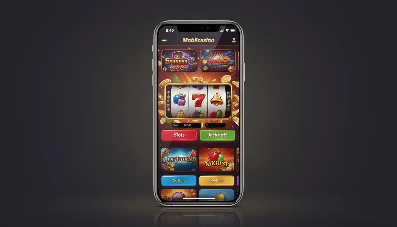 En smartphone visar ett mobilcasino-gränssnitt med färgglada spelautomater, där användaren kan navigera för att spela olika spel. Skärmen har ikoner och knappar som representerar olika spelalternativ på lyllo casino.