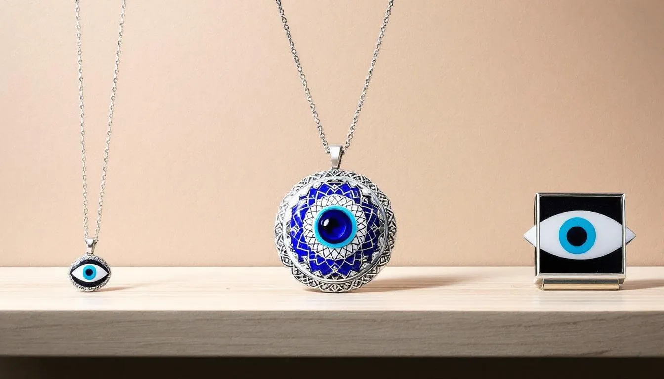 The image showcases a collection of evil eye necklaces, featuring various designs and colors that embody the eye motif, believed to ward off negative energy and protect the wearer from evil spirits. Each necklace is elegantly displayed alongside matching bracelets, highlighting their unique details and making them perfect gifts for friends or loved ones.
