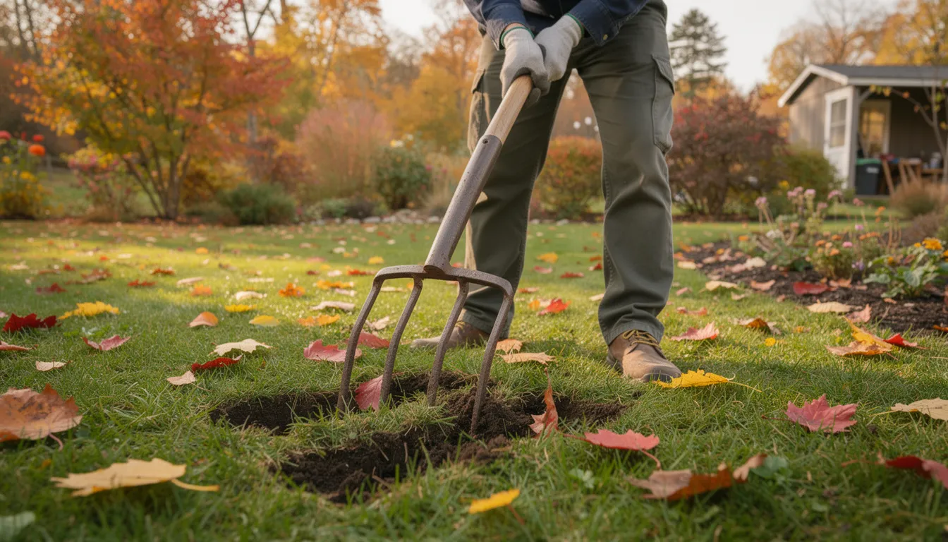 A person is aerating a traditional lawn with a garden fork in a vibrant autumn garden, surrounded by colorful fallen leaves. The scene captures the essence of lawn care, emphasizing the importance of maintaining healthy grass roots and soil for a beautiful lawn.