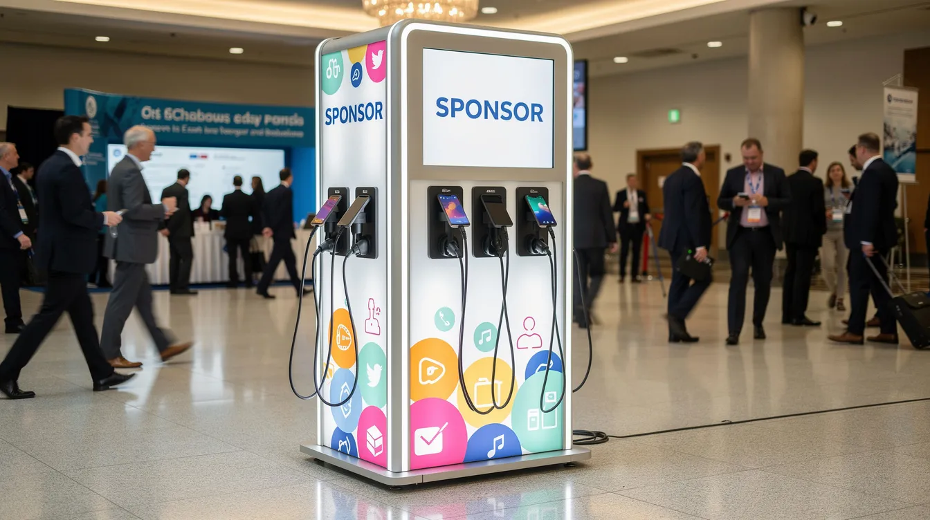 A branded phone charging station is prominently displayed in a busy conference lobby, featuring sponsor graphics, while attendees walk by, highlighting the importance of charging infrastructure in event environments. The station offers multiple charging cables and quick charging capabilities, enhancing attendee engagement and satisfaction during the event.