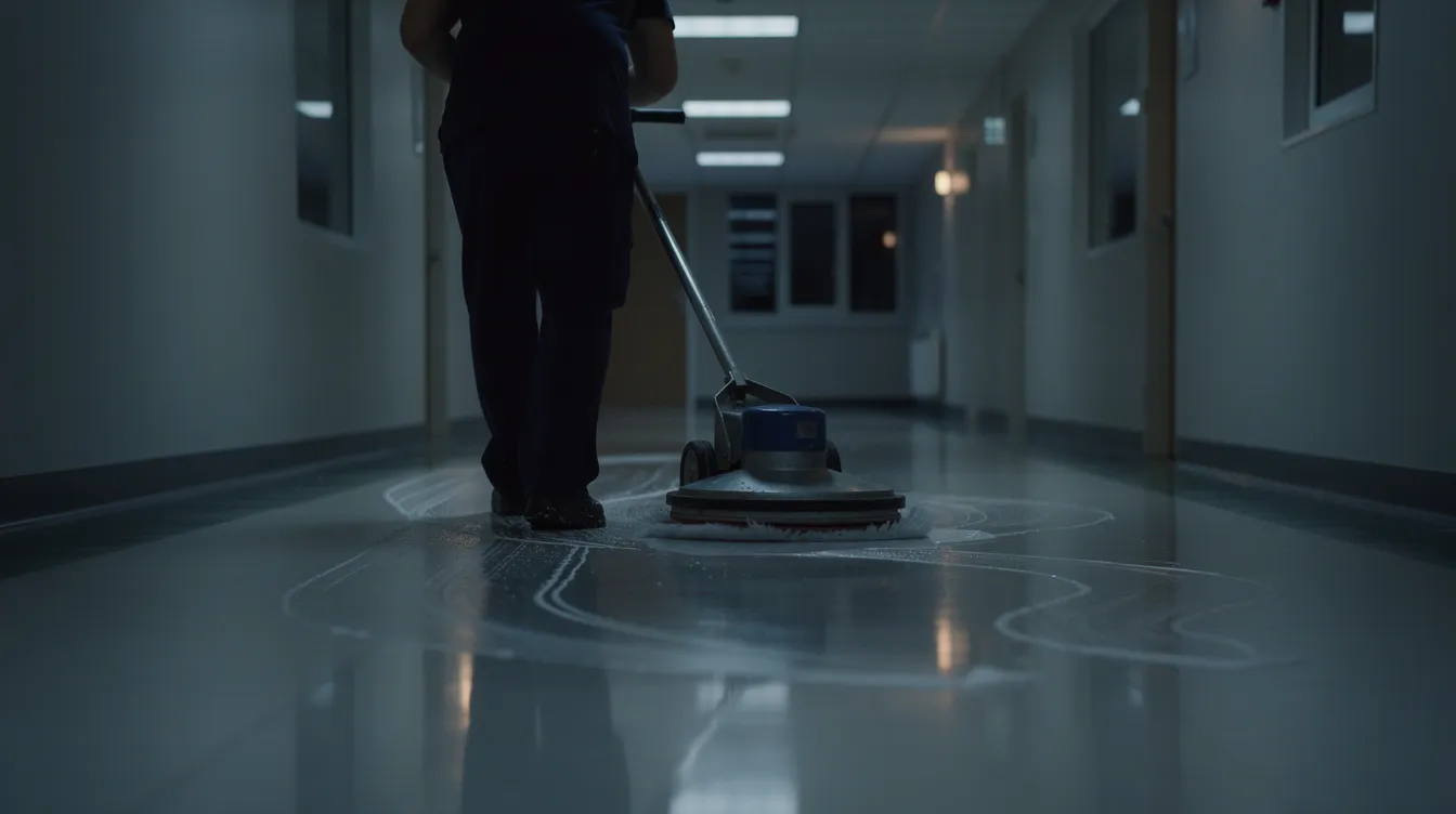 A person is waxing a floor in a retail space at night, seen from behind, highlighting the focus on maintaining cleanliness for a commercial environment. This professional cleaning service ensures that the retail store remains in top condition, ready for the next day’s foot traffic.