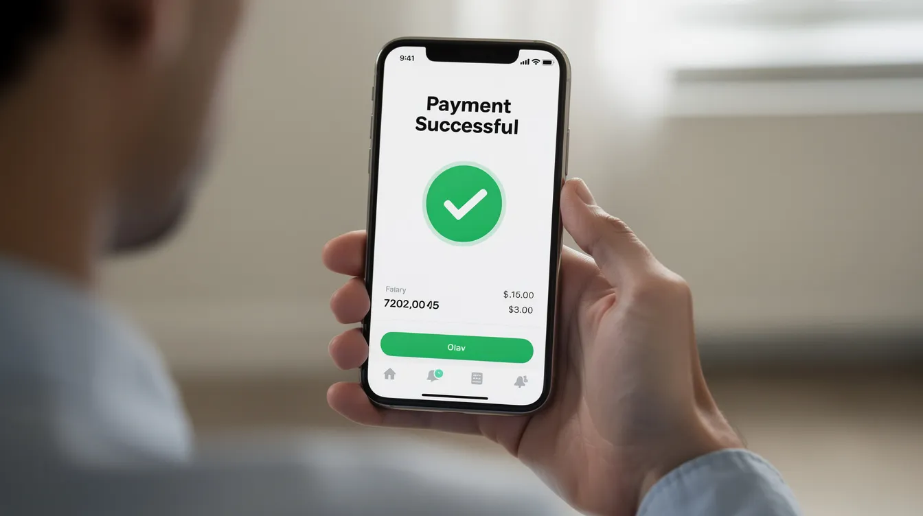 A person is holding a smartphone that displays a payment confirmation screen featuring a green checkmark, indicating a successful international money transfer. This image highlights the ease of sending money abroad through online banking services like Apna Microfinance Bank, ensuring secure transactions with low fees.