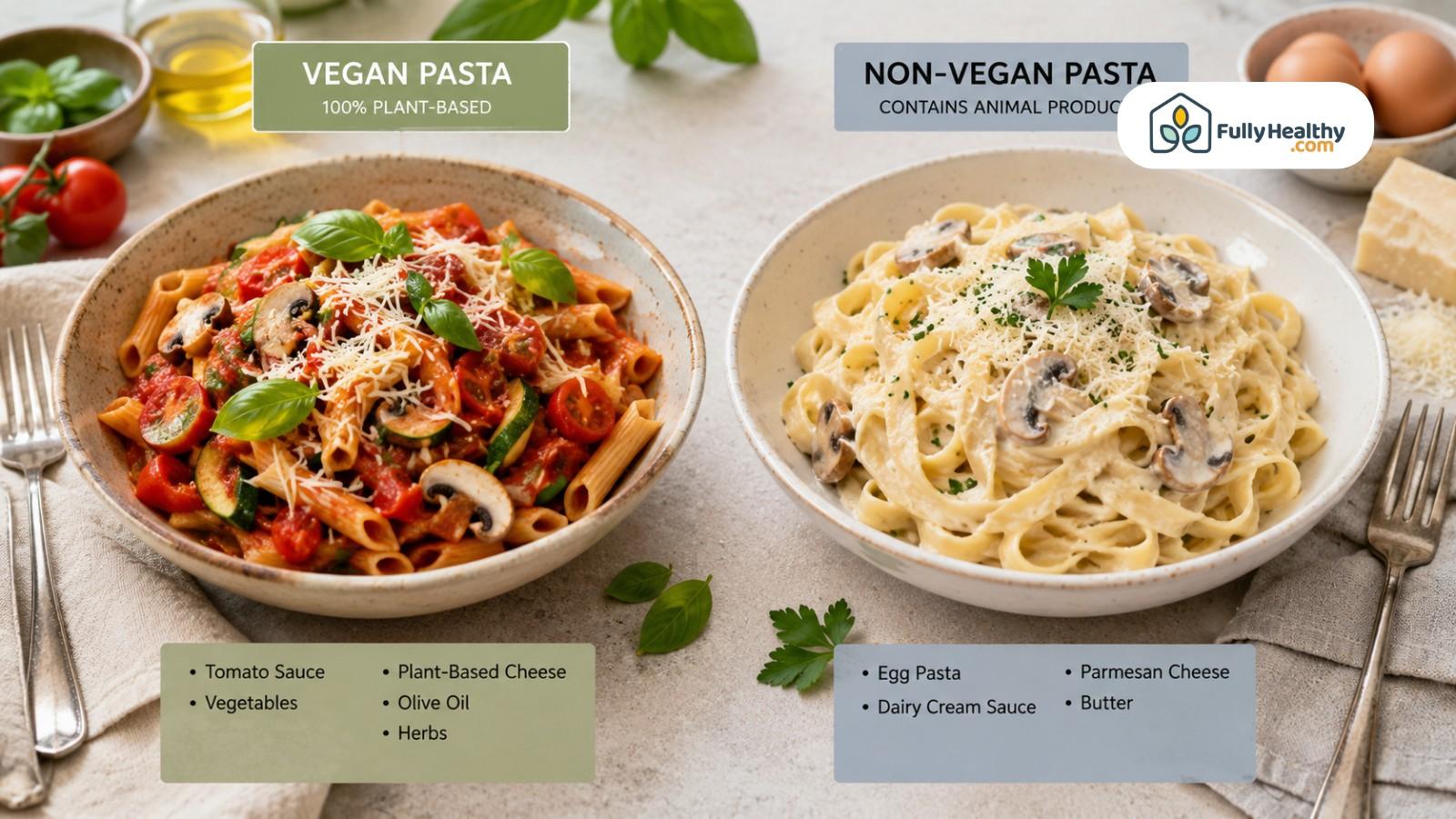 Vegan tomato pasta compared with non-vegan creamy egg pasta and ingredient labels
