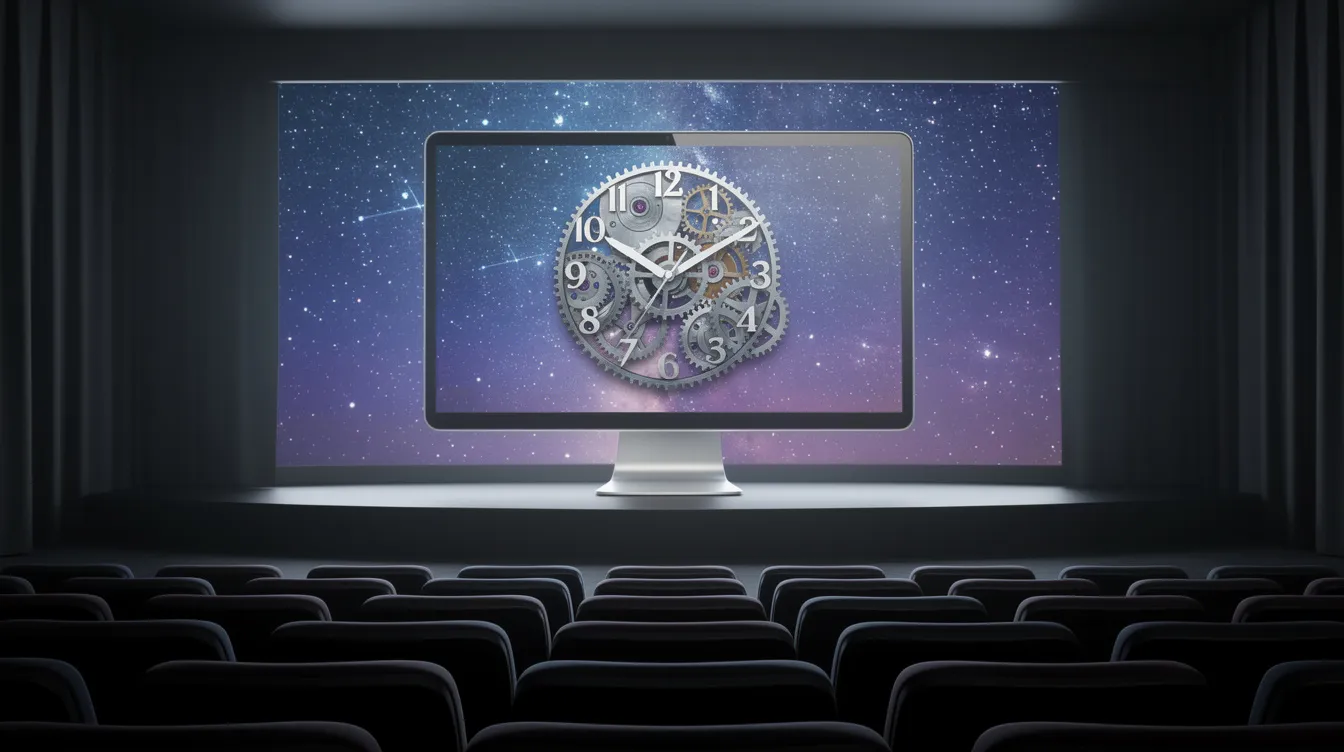 Die symbolische Illustration zeigt einen Kinosaal, in dem sich die große Leinwand in einen Computerbildschirm verwandelt. Auf diesem Bildschirm entfaltet sich eine Zahnraduhr, die nahtlos in einen digitalen Sternenhimmel übergeht, was die Verbindung zwischen klassischem Film und moderner Technik verdeutlicht.