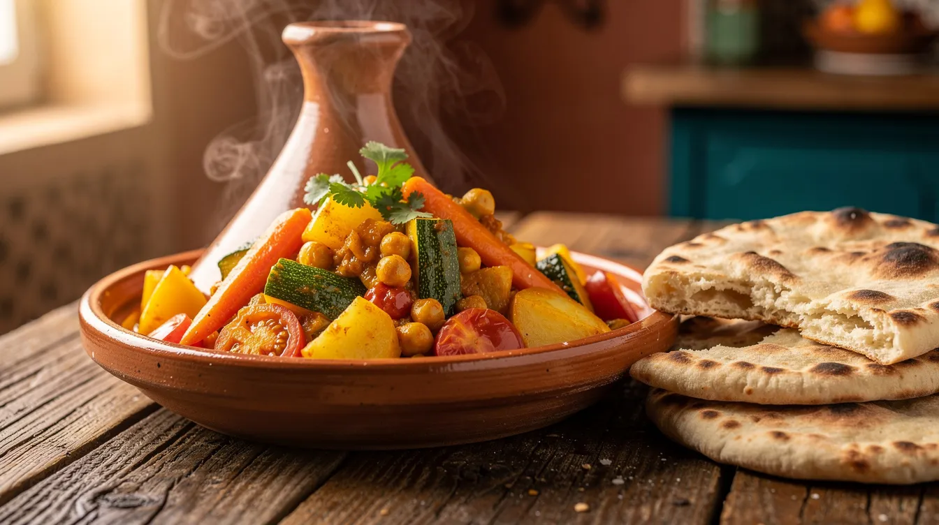 A vibrant Moroccan vegetable tagine, filled with an array of colorful vegetables and aromatic spices, is beautifully presented in a traditional clay pot, accompanied by fresh bread on the side. This dish represents the rich culinary heritage of Morocco, a popular destination for Indian travelers exploring its major cities and tourist attractions.
