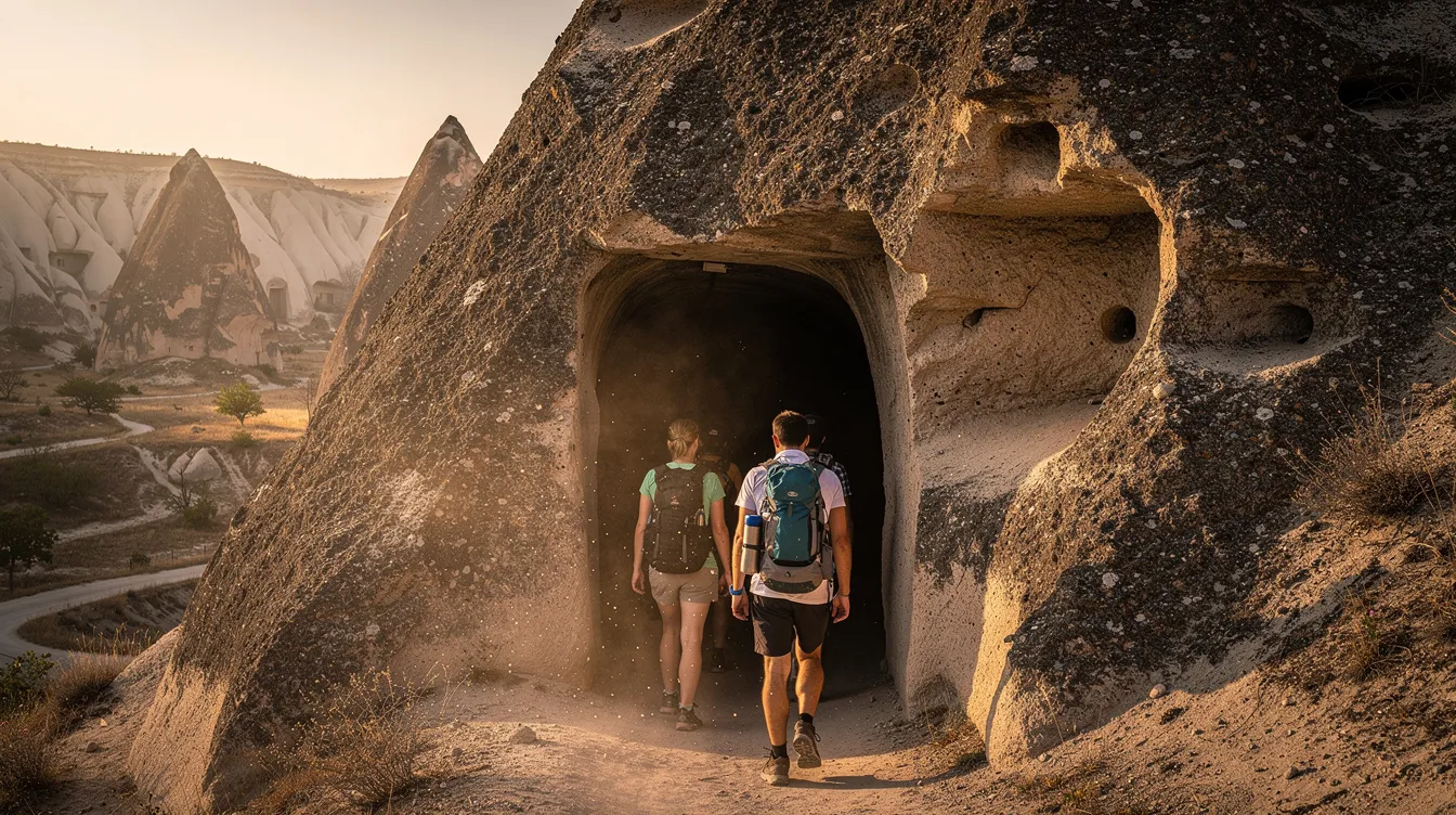 Un grupo de viajeros se adentra en un túnel excavado en roca volcánica en la región de Capadocia, donde se encuentran las famosas ciudades subterráneas de Derinkuyu y Kaymakli. Este túnel, que forma parte de un complejo sistema de cuevas y pasajes, refleja la rica historia y el patrimonio de la humanidad de la zona.