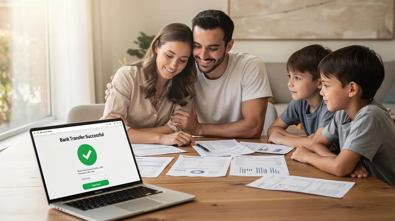 A family is gathered around a table, reviewing financial documents while a laptop displays a successful notification of an international money transfer. The scene illustrates the ease of sending money abroad, highlighting the benefits of using services like HDFC Bank for secure and efficient transactions.