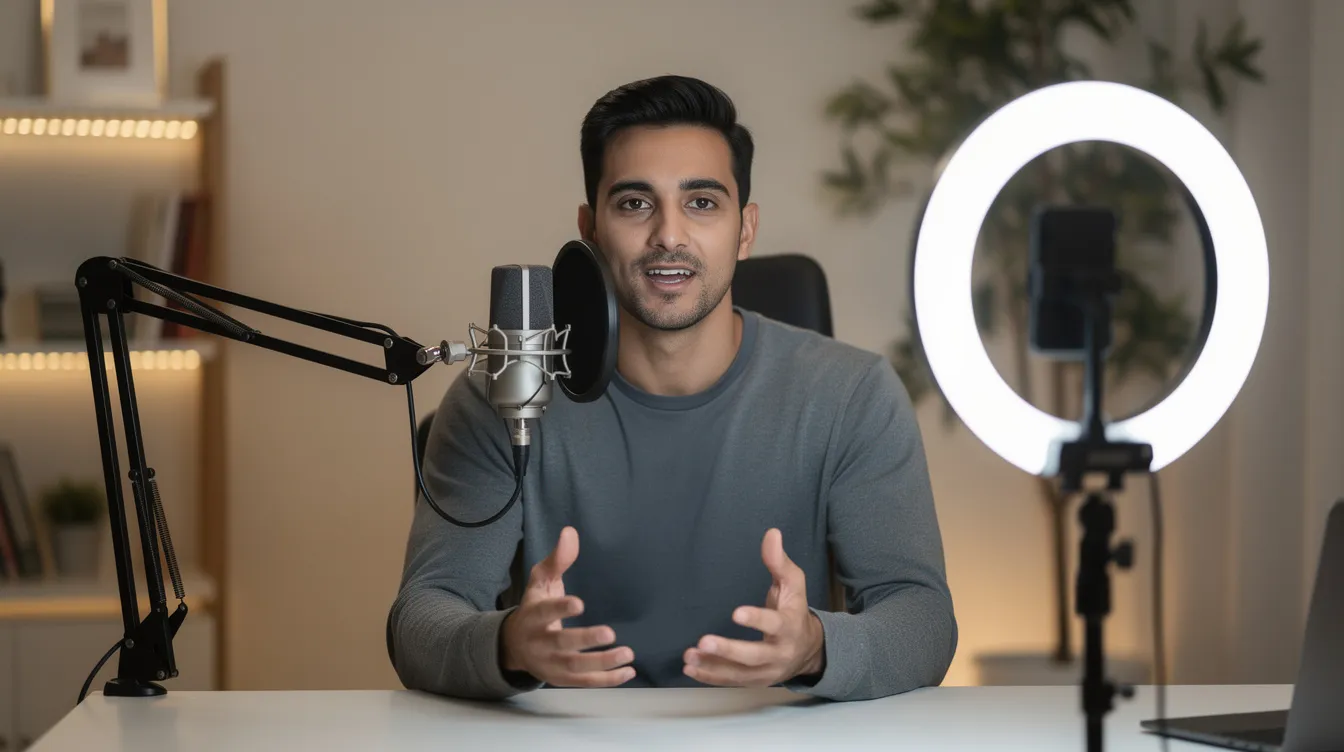 The image shows a confident speaker presenting from a professional home studio setup, complete with a ring light and an external microphone, emphasizing their expertise and preparation for a speaking engagement. This setup highlights the importance of a technical setup that meets the speaker's requirements for effective communication, whether at corporate events or community gatherings.