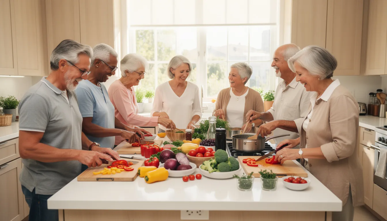 In a bright kitchen, older adults are joyfully cooking together, preparing a variety of colorful vegetables that promote a healthy diet. Their genuine smiles reflect the importance of healthy eating patterns and social interaction in fostering healthy aging and overall well-being.