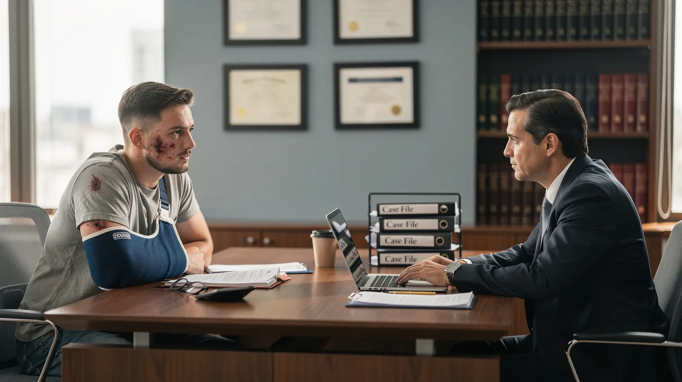 An experienced motorcycle accident attorney meets with an injured client in an office, discussing the client's motorcycle accident case and the serious injuries sustained, including possible traumatic brain injuries and spinal cord injuries. The attorney is providing guidance on how to file a motorcycle accident claim and recover fair compensation for medical expenses and lost wages.