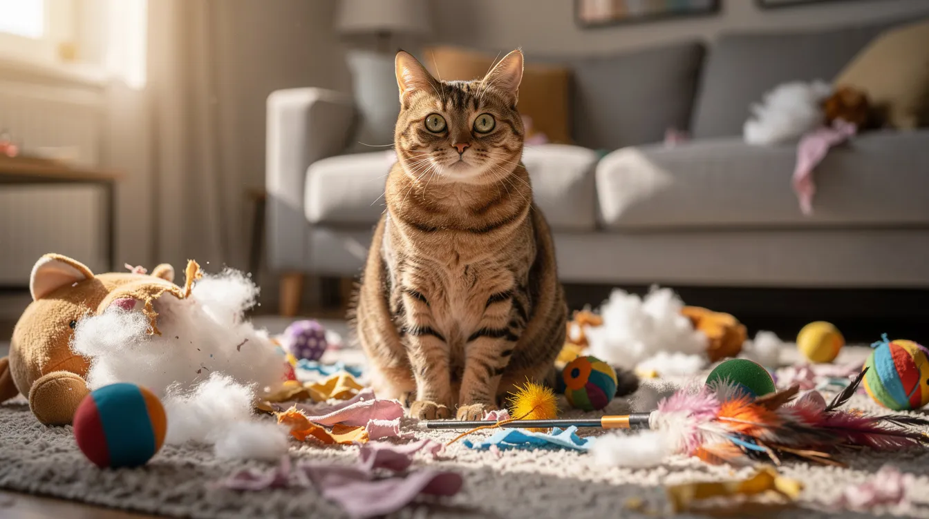 The image shows a playful cat surrounded by its destroyed toys, including colorful cat kicker toys and shredded fabric remnants, highlighting the feline's energetic playtime. The scene captures the aftermath of a fun session, showcasing the cat's love for kicking and biting its durable toys filled with catnip.
