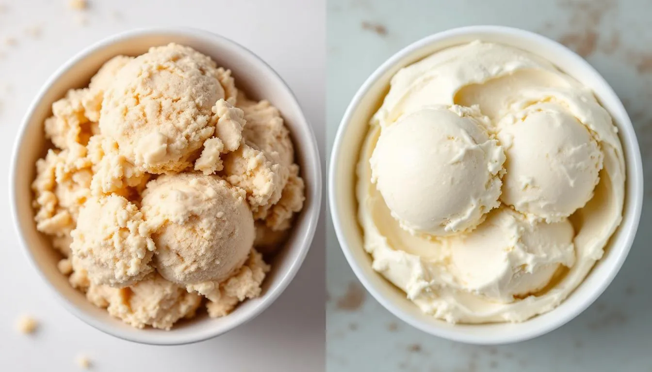 The image features a split comparison of two bowls of ice cream side by side. On the left, a dense, icy, and grainy ice cream with a chalky appearance contrasts sharply with the smooth, creamy, and indulgent high protein ice cream in the right bowl, highlighting the difference in texture and quality.
