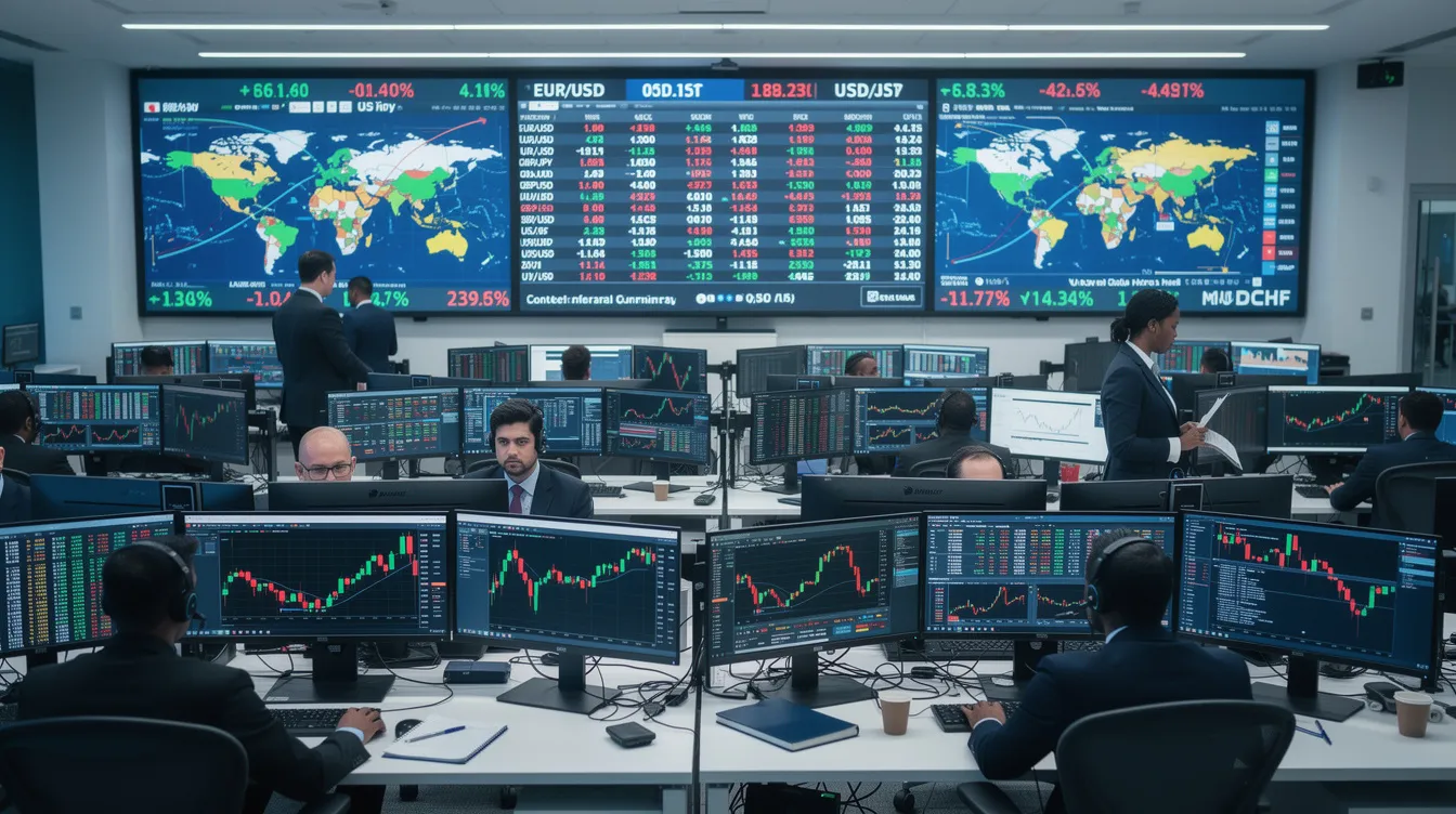 The image depicts a professional trading floor filled with multiple monitors displaying various forex pairs and market data, illustrating the dynamic environment of forex trading. Traders are engaged in managing their leveraged positions, utilizing risk management strategies to control substantial market positions and navigate the volatility of the forex market.