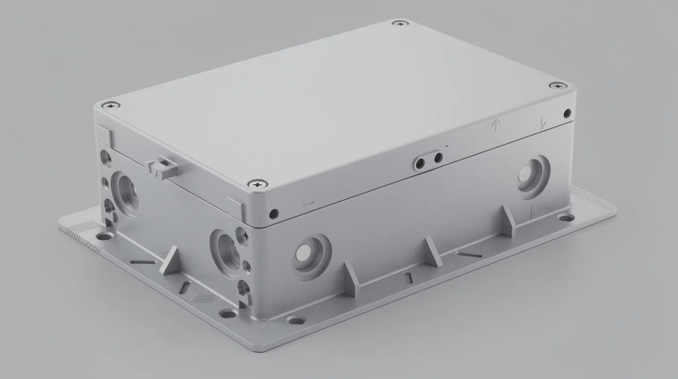 The image features an assembled precision metal enclosure showcasing CNC machined mounting points and a smooth, clean powder-coated surface finish, highlighting the quality of custom sheet metal fabrication services. This enclosure is designed for durability and precision, suitable for various industrial applications.