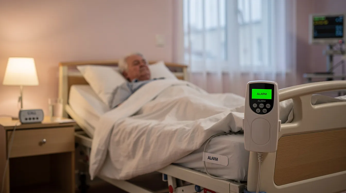 The image depicts a bed alarm system designed for care homes, featuring a bed sensor mat that detects movement and alerts caregivers with a loud noise if a patient falls or attempts to get out of bed. This personal alarm provides peace of mind for family members and ensures the safety of elderly individuals by triggering alerts to emergency services or a nurse call system.