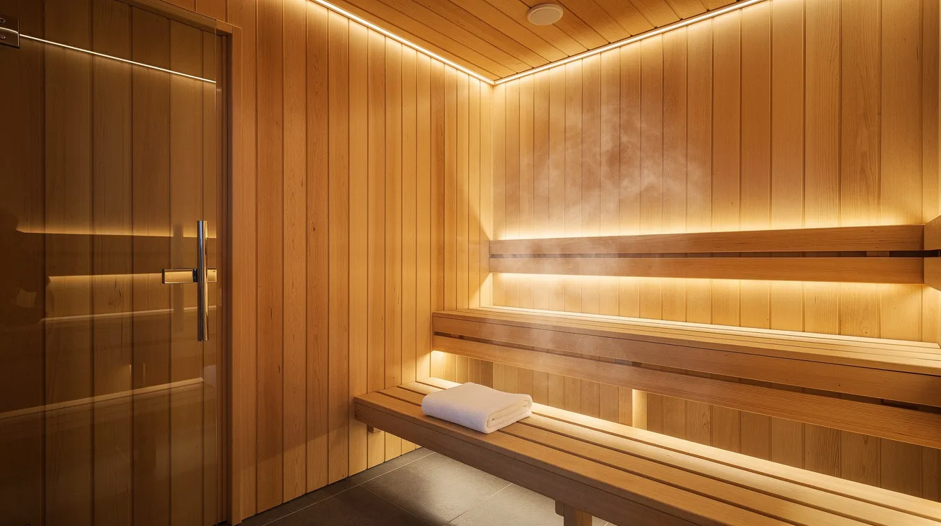 Wood-lined sauna with soft lighting, benches, and towel