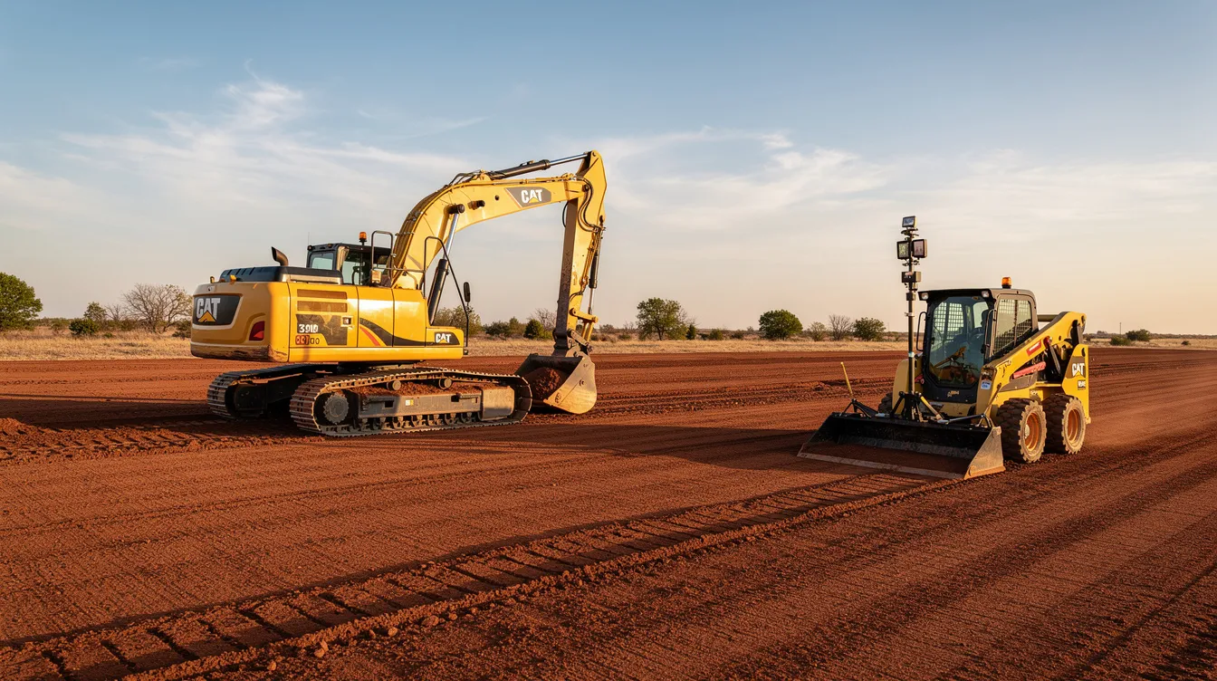 A high-resolution image captures a modern yellow track excavator and a laser-guided skid steer actively working on a cleanly cleared site prep dirt pad in Central Oklahoma, showcasing the region's distinctive red dirt with a smooth finish. The scene is illuminated by golden hour sunlight under a bright blue sky, highlighting the expertise of earthwork contractors in land clearing and site preparation.