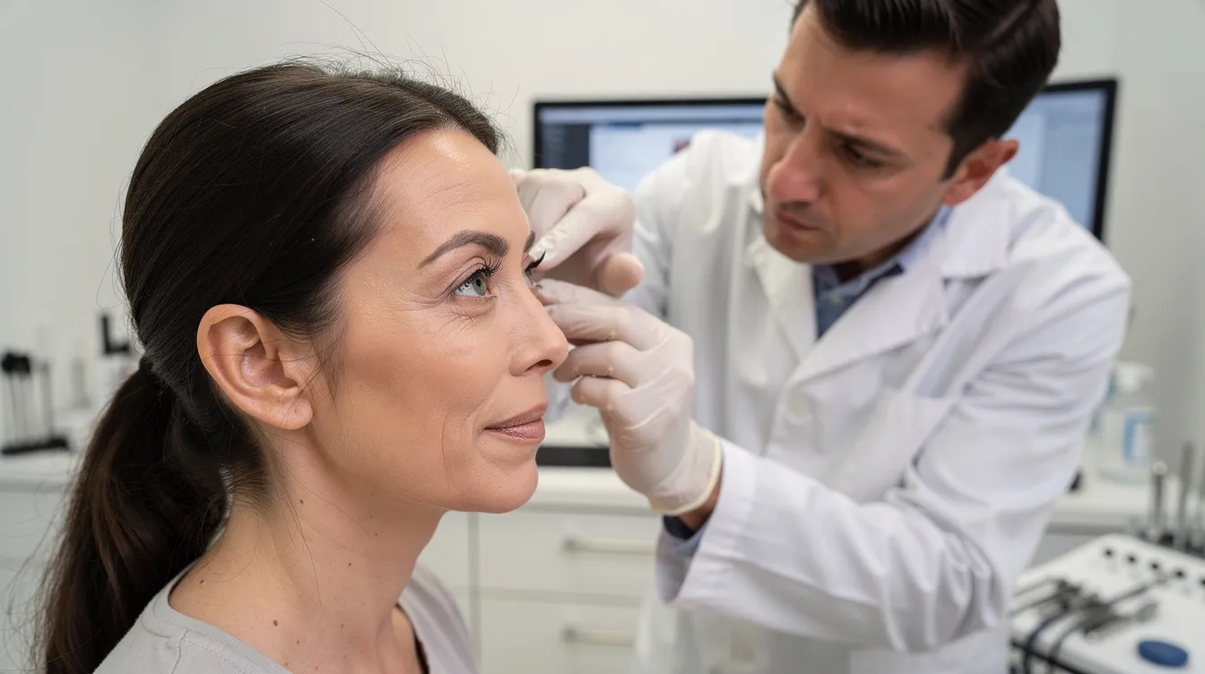 Un cirujano plástico examina cuidadosamente la zona alrededor de los ojos de un paciente durante una consulta médica, evaluando problemas como el exceso de piel en los párpados superiores e inferiores, que podría requerir un procedimiento de blefaroplastia. La atención se centra en la apariencia y los signos de envejecimiento, así como en las opciones de tratamiento disponibles.