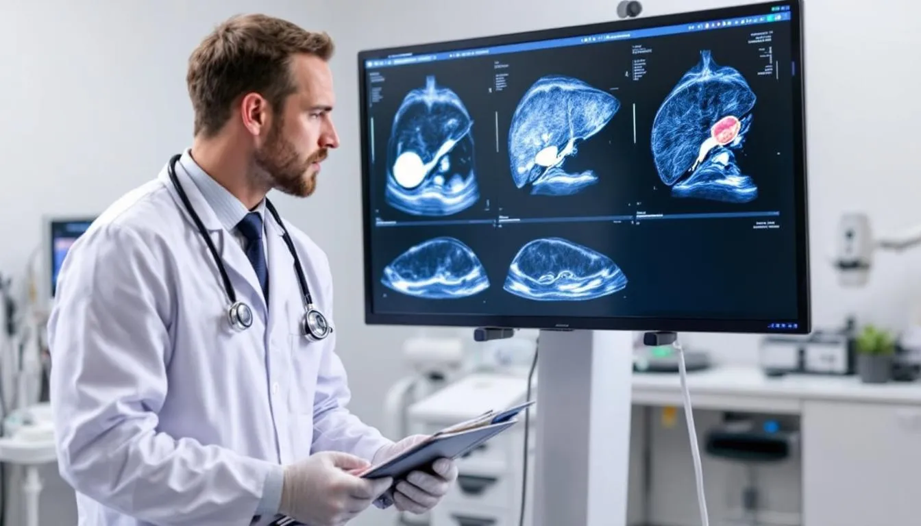 A veterinarian is intently examining abdominal ultrasound images that display the liver structure of a dog, focusing on potential liver problems such as liver disease or liver failure. The images may reveal changes in liver tissue, which are crucial for diagnosing liver disease in dogs and determining appropriate treatment options.