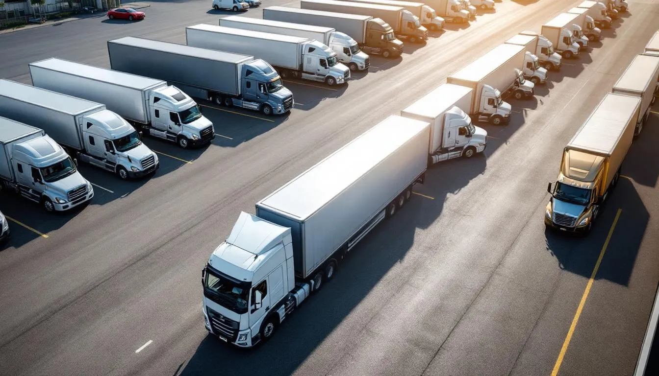 In the image, a fleet of newer model trucks is parked in a lot, showcasing various commercial vehicles that are well-maintained and ready for operation. This scene reflects the trucking industry, where safety and efficiency are paramount, highlighting the importance of experienced truck accident attorneys in the event of trucking accidents.