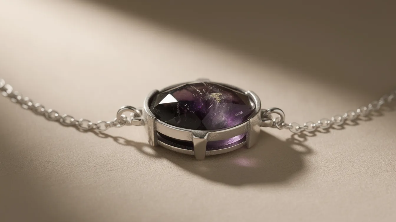 This image showcases a meticulously crafted necklace featuring a captivating dark amethyst stone, designed to highlight its unique character. The piece can be worn alone as a statement or layered for added style, making it a versatile addition to any jewellery collection.