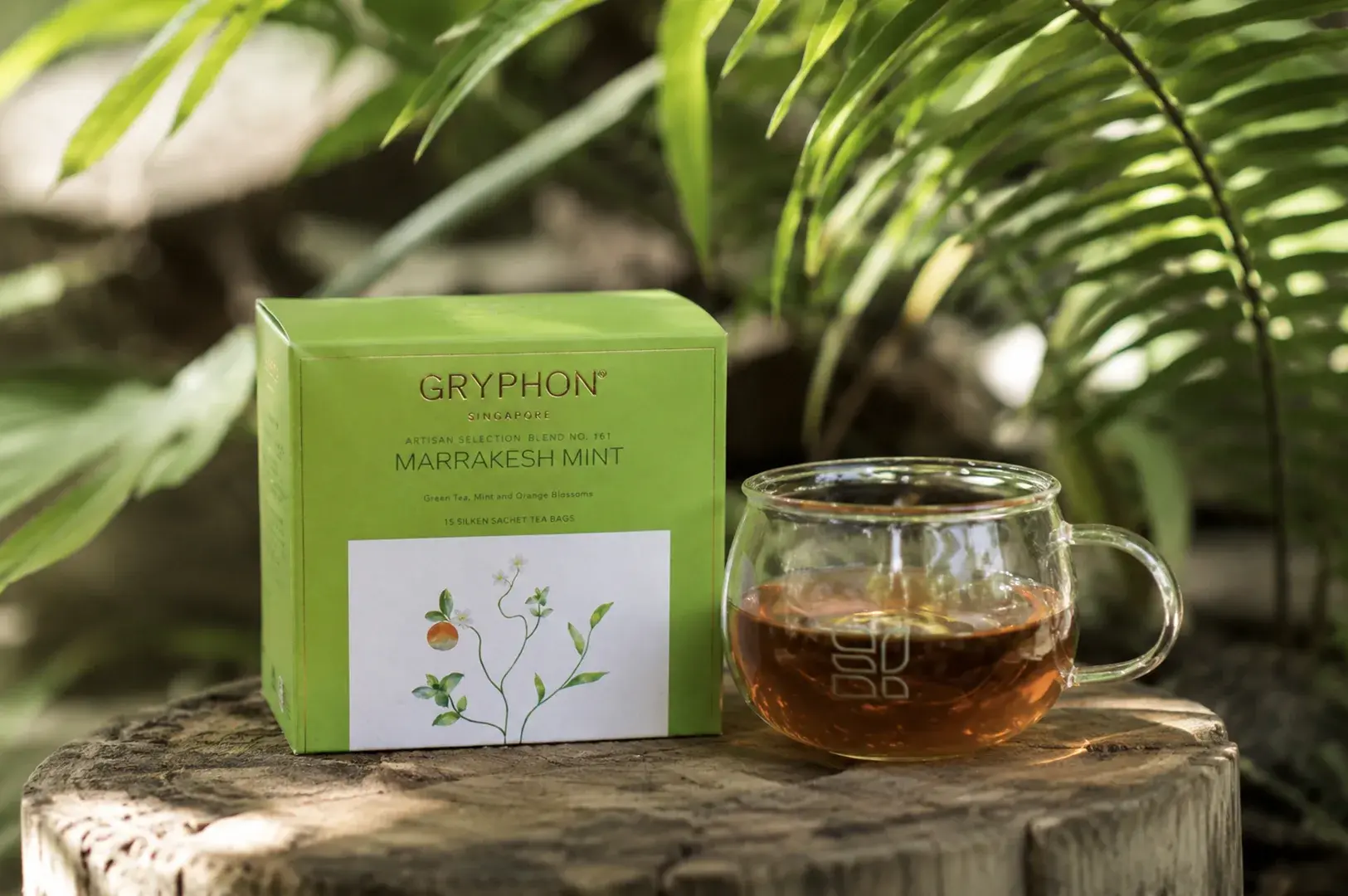 A vibrant, lime-green box of Gryphon "Marrakesh Mint" Artisan Selection tea sits on a rustic, weathered wooden tree stump surrounded by lush green fern fronds and tropical foliage. Next to the tea box, which features a delicate botanical illustration of a mint branch on its front white panel, rests a clear glass teacup with a round body filled with a warm, amber-colored brewed tea. The natural outdoor lighting filters through the overhead leaves, creating a soft, refreshing, and organic atmosphere.