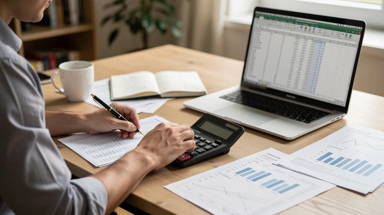 fb2bb228 5485 46df 84cc 98359badcfbe The image shows a person engaged in financial calculations, using a calculator and a laptop on a desk cluttered with financial documents. This scene reflects the effort involved in preparing a project report, which may include elements like cash flow statements and financial projections for a business loan under the mudra scheme.