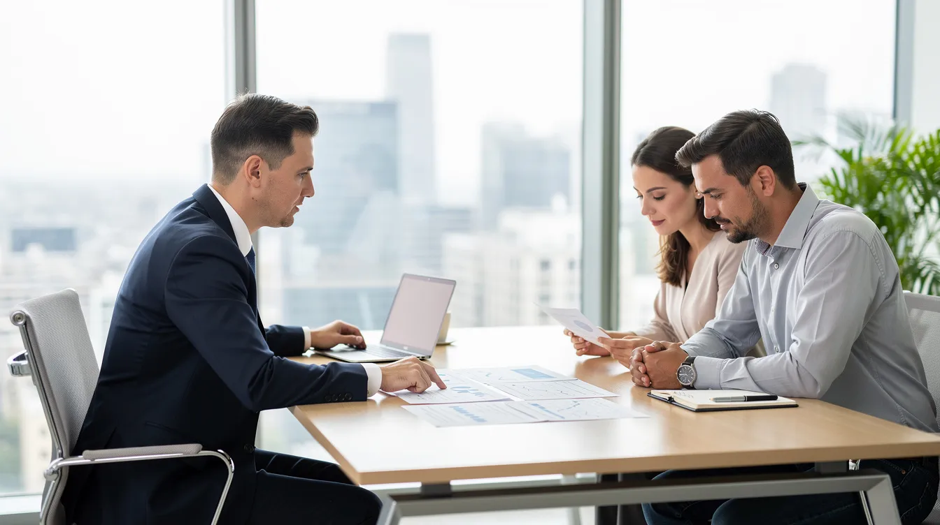 The image depicts a financial advisor engaged in a professional meeting with a couple at a modern office desk, reviewing important documents related to their business plan. The atmosphere conveys a sense of collaboration and support as they discuss financial strategies and investment opportunities.